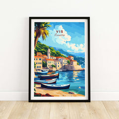 Vis Travel Print Croatia showcasing a vibrant coastal scene with boats and picturesque architecture.
