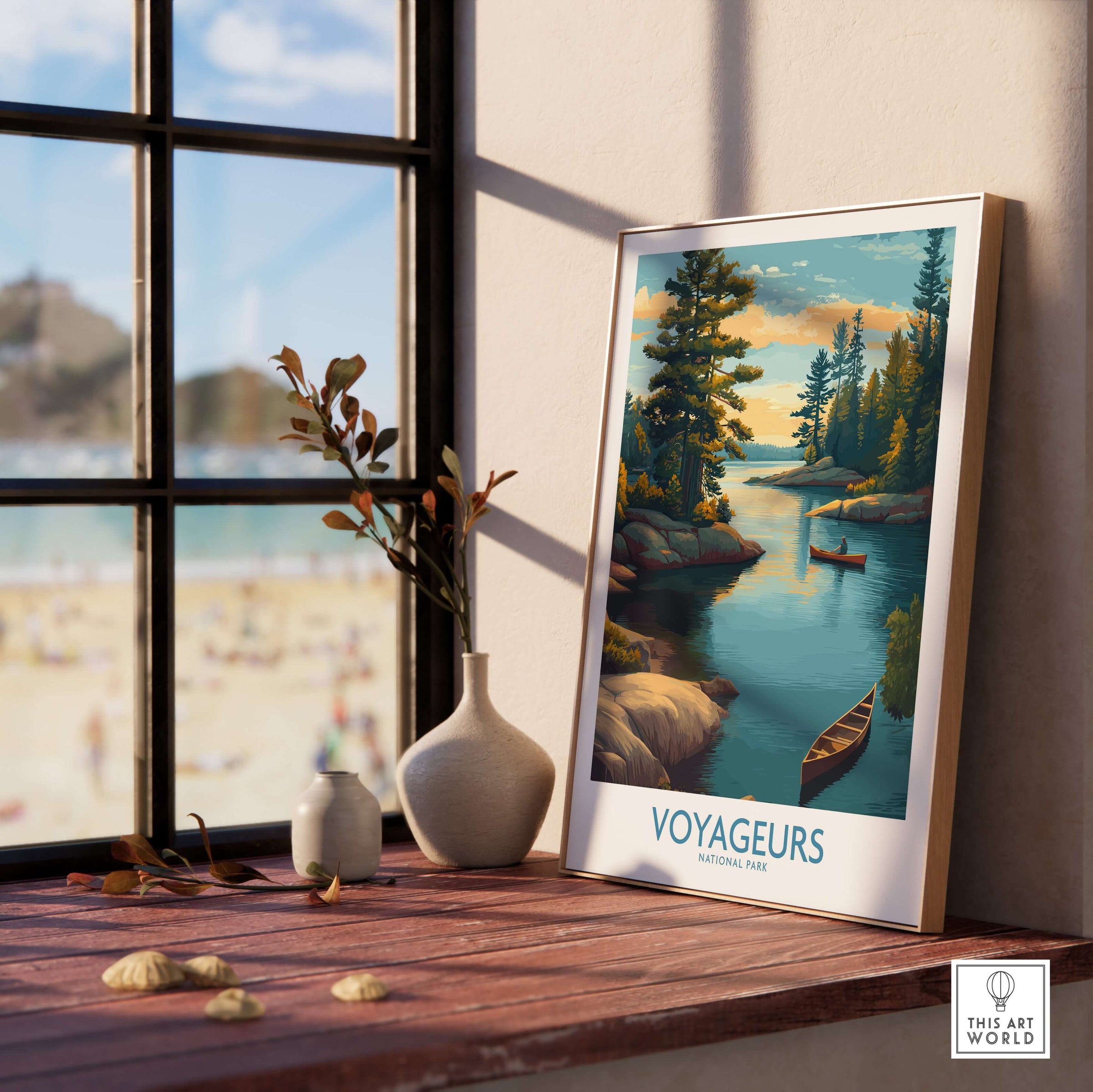 Voyageurs National Park Print | Minnesota Sunset Lake Poster displayed in a cozy room by a window.