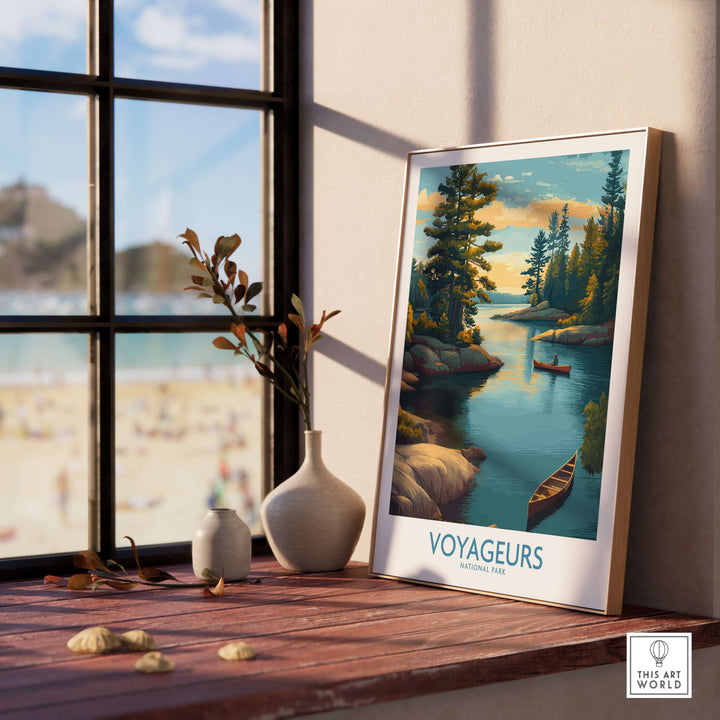 Voyageurs National Park Print | Minnesota Sunset Lake Poster showcasing serene waters and lush forests.