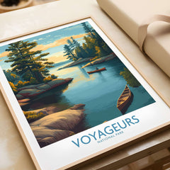 Voyageurs National Park Print | Minnesota Sunset Lake Poster showcasing a serene lake with trees and canoe in vibrant colors.