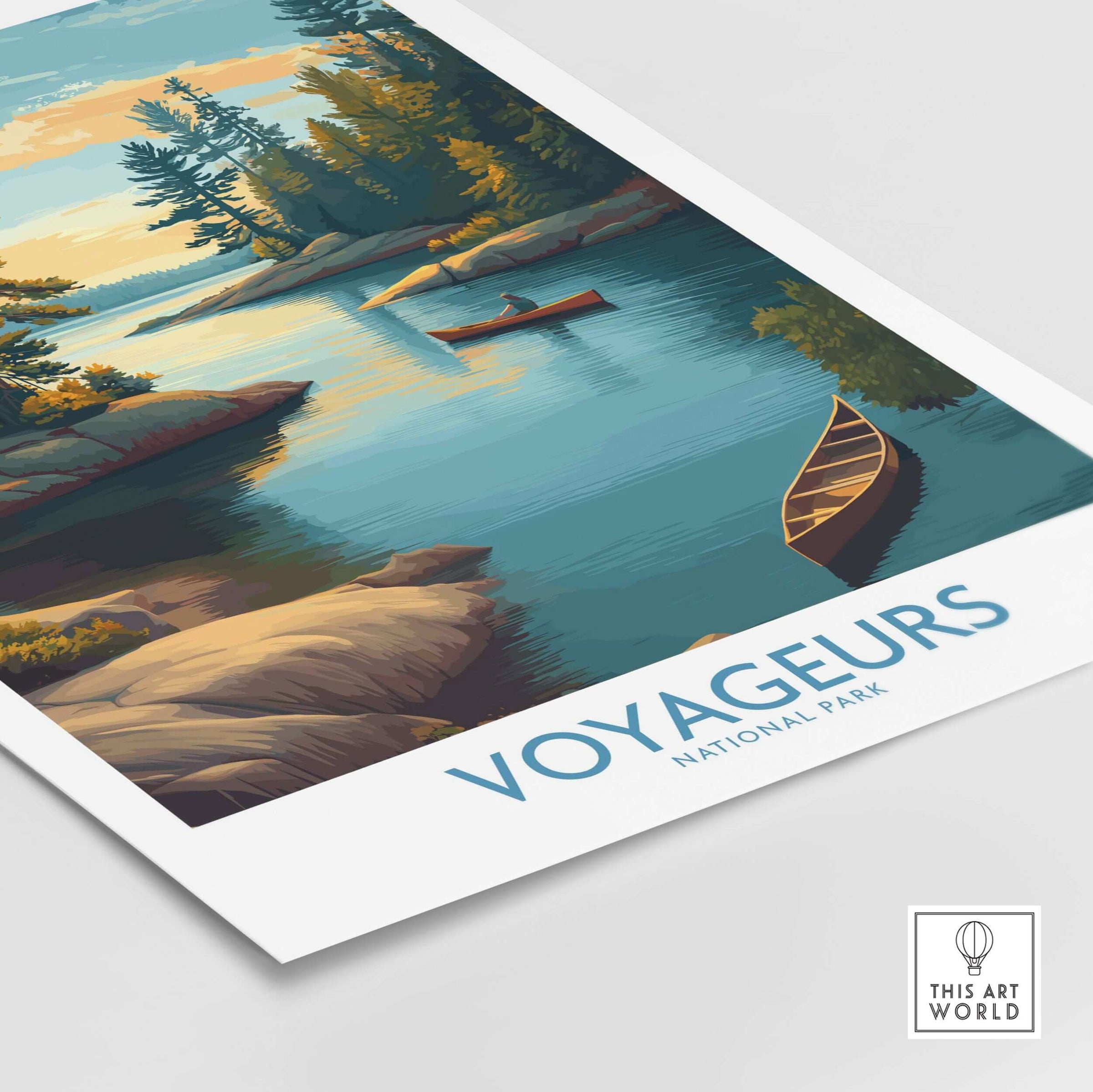 Voyageurs National Park Print | Minnesota Sunset Lake Poster featuring tranquil waters and a canoe.