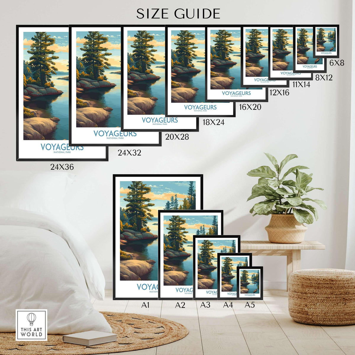 Voyageurs National Park Print | Minnesota Sunset Lake Poster size guide showcasing various frame sizes.