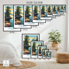 Voyageurs National Park Print | Minnesota Sunset Lake Poster size guide showcasing various frame sizes.