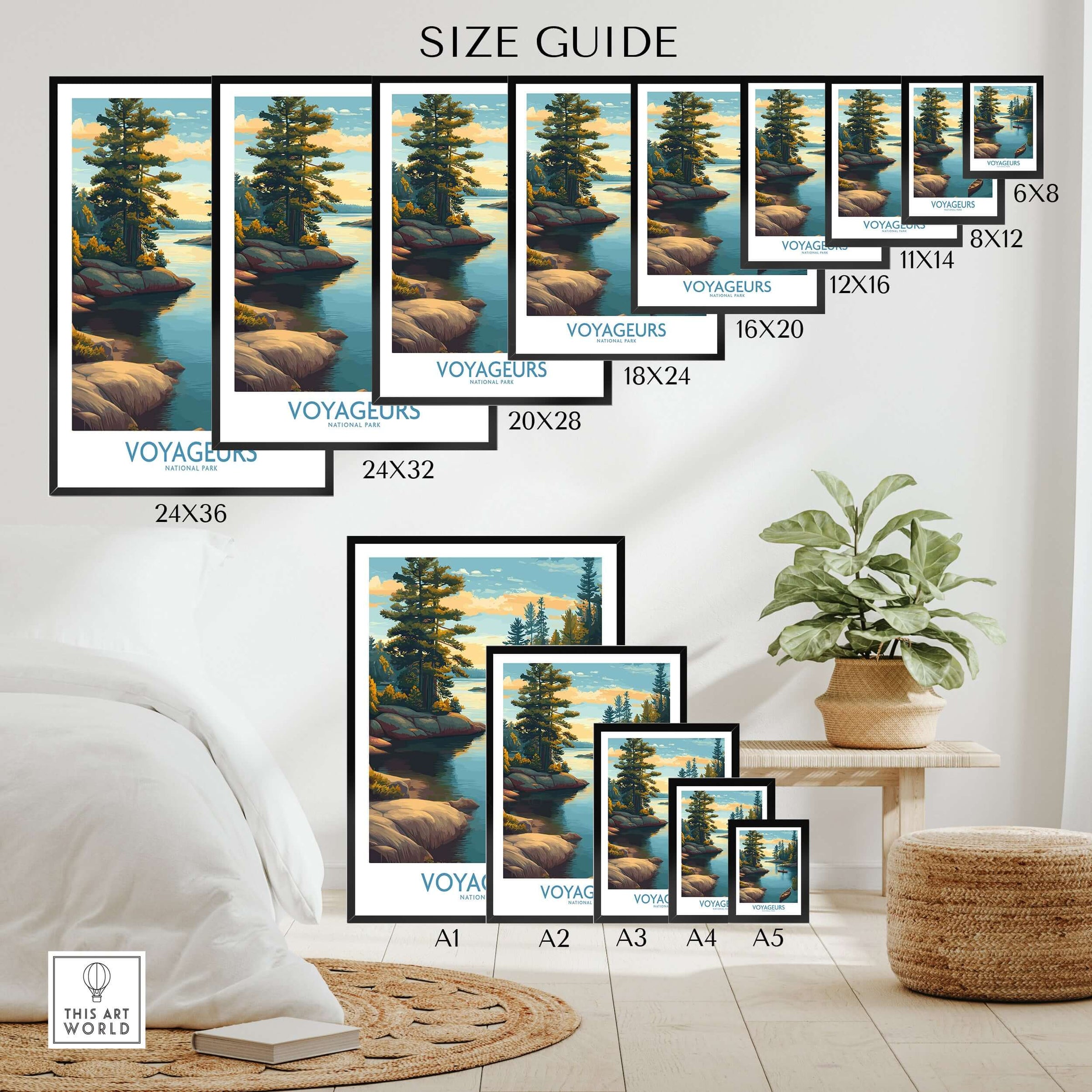 Voyageurs National Park Print | Minnesota Sunset Lake Poster size guide showcasing various frame sizes.