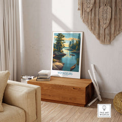 Voyageurs National Park Print | Minnesota Sunset Lake Poster displayed in a cozy living room setting.