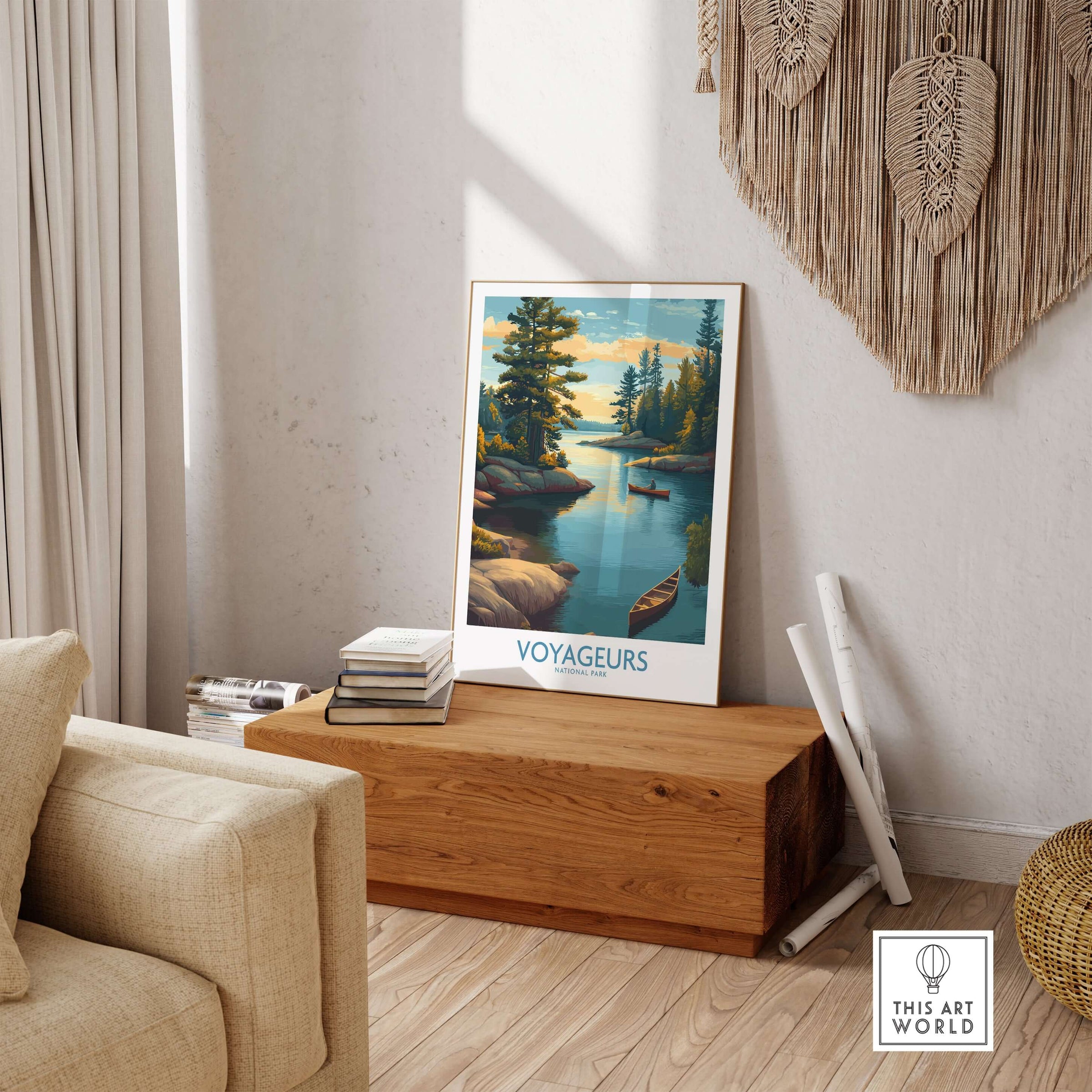 Voyageurs National Park Print | Minnesota Sunset Lake Poster displayed in a cozy living room setting.