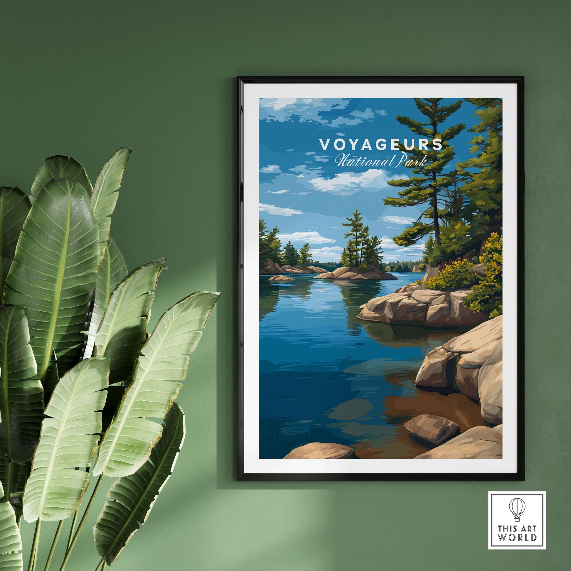 Voyageurs Poster | Nature Landscape Wall Art Print featuring serene waters and lush greenery.