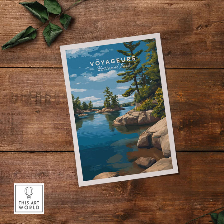 Voyageurs Poster | Nature Landscape Wall Art Print featuring tranquil water and lush greenery on wood background.
