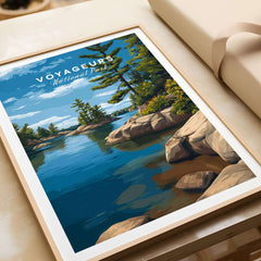 Voyageurs Poster | Nature Landscape Wall Art Print featuring serene water and lush greenery.