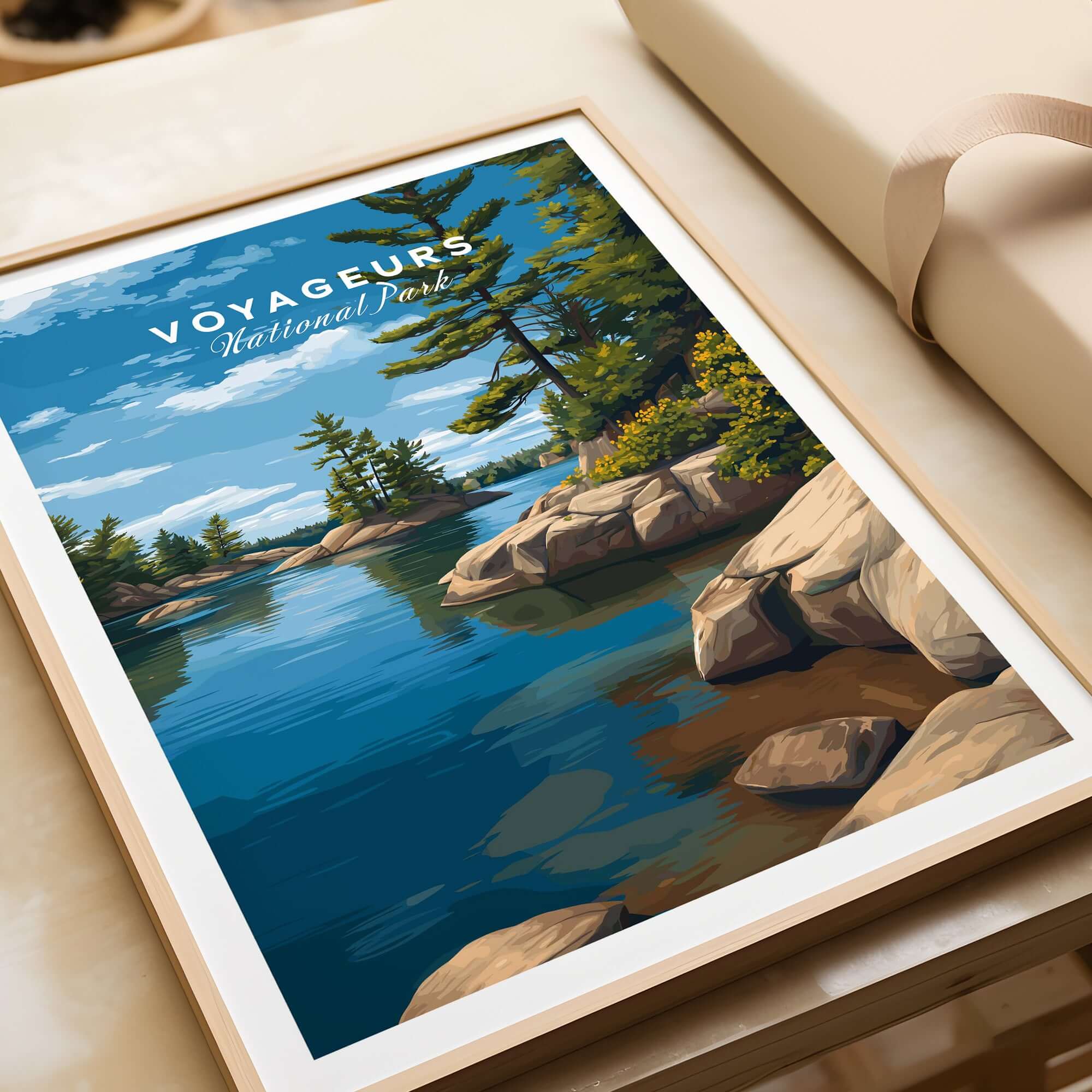 Voyageurs Poster | Nature Landscape Wall Art Print featuring serene water and lush greenery.
