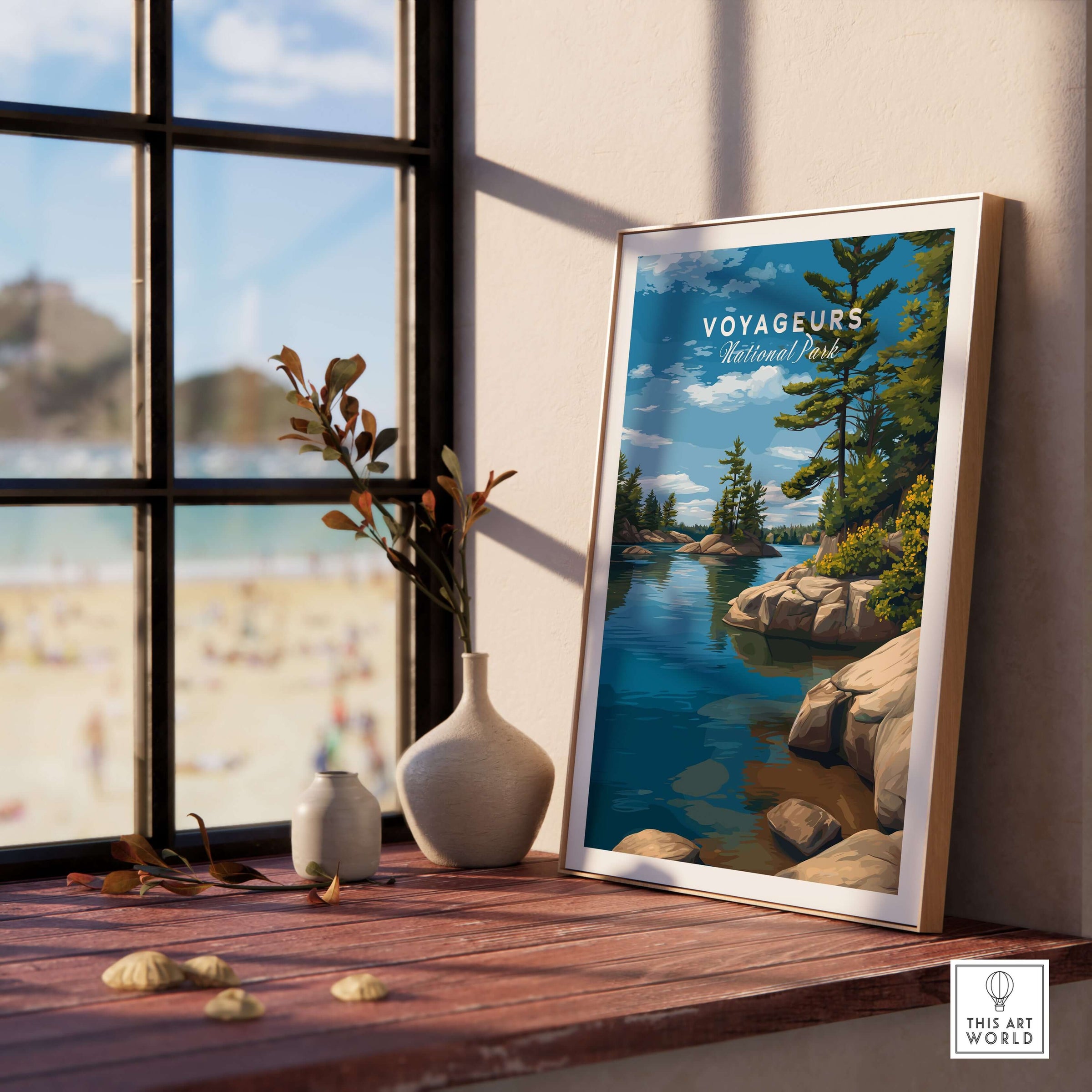 Voyageurs Poster | Nature Landscape Wall Art Print showcasing serene waters and greenery near a window.