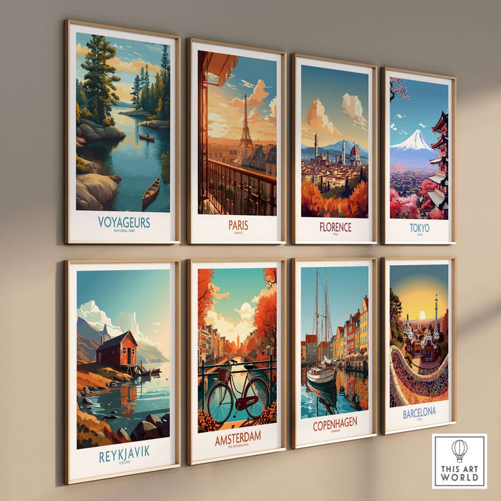Voyageurs National Park Print | Minnesota Sunset Lake Poster showcased among travel-themed art prints on a wall.