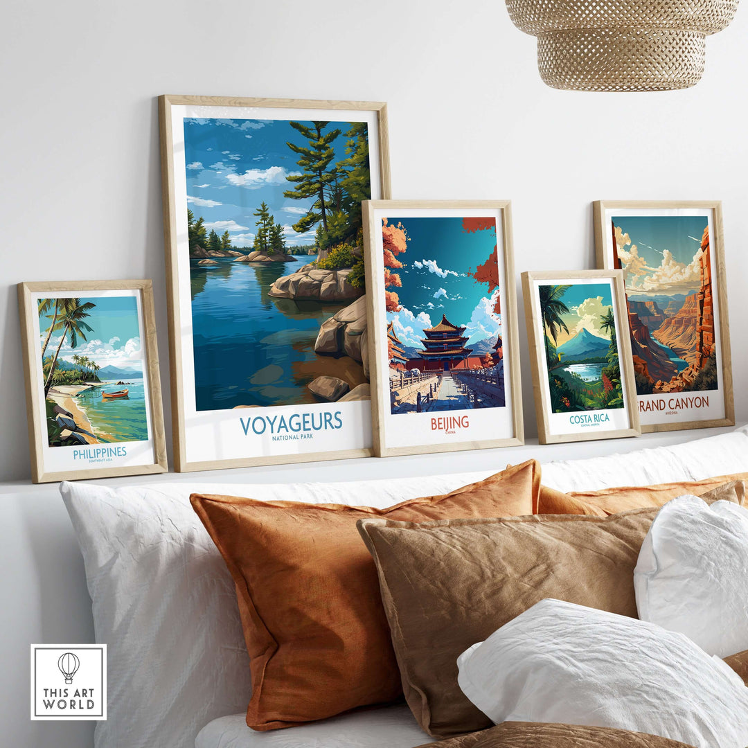 Voyageurs National Park Print | Minnesota Lake Islands Poster displayed among other travel art prints in a cozy home setting.