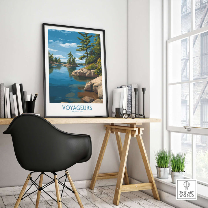 Voyageurs National Park Print | Minnesota Lake Islands Poster displayed in modern workspace featuring nature-inspired decor.