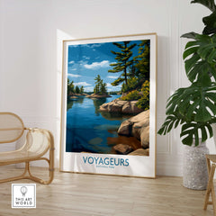 Voyageurs National Park Print | Minnesota Lake Islands Poster displayed in a stylish interior with wooden chair and greenery.