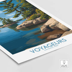 Voyageurs National Park Print | Minnesota Lake Islands Poster featuring serene lake and rocky shore in vivid colors.
