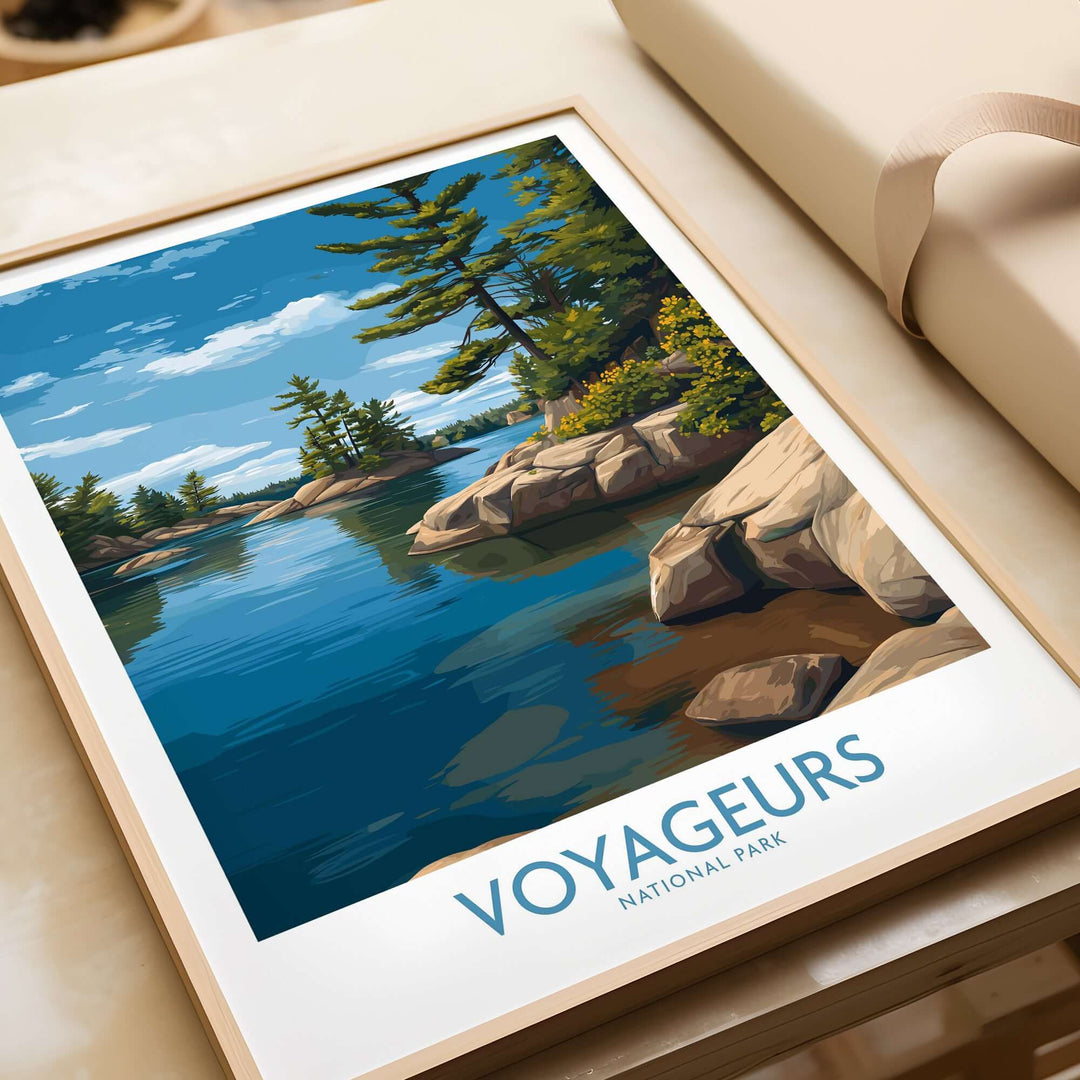 Voyageurs National Park Print | Minnesota Lake Islands Poster featuring serene lake landscape and trees.