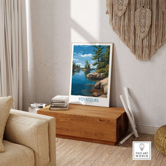 Voyageurs National Park Print | Minnesota Lake Islands Poster displayed in a modern living room setting.