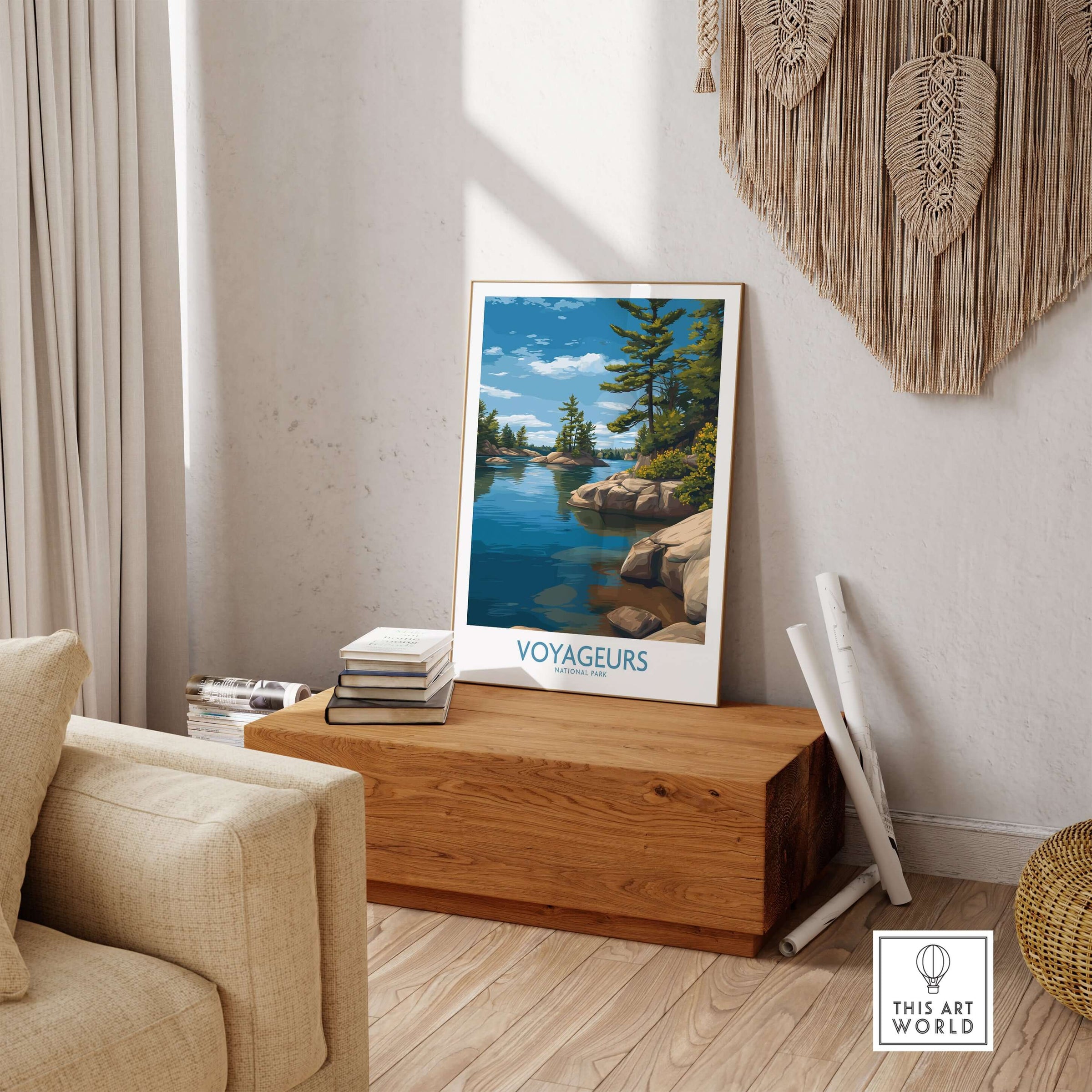 Voyageurs National Park Print | Minnesota Lake Islands Poster displayed in a modern living room setting.