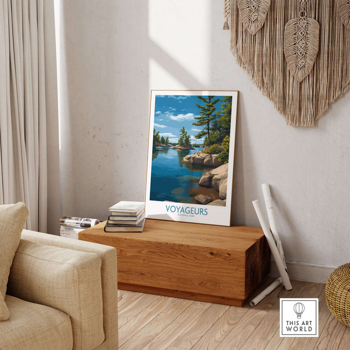 Voyageurs National Park Print | Minnesota Lake Islands Poster displayed in a cozy home setting.