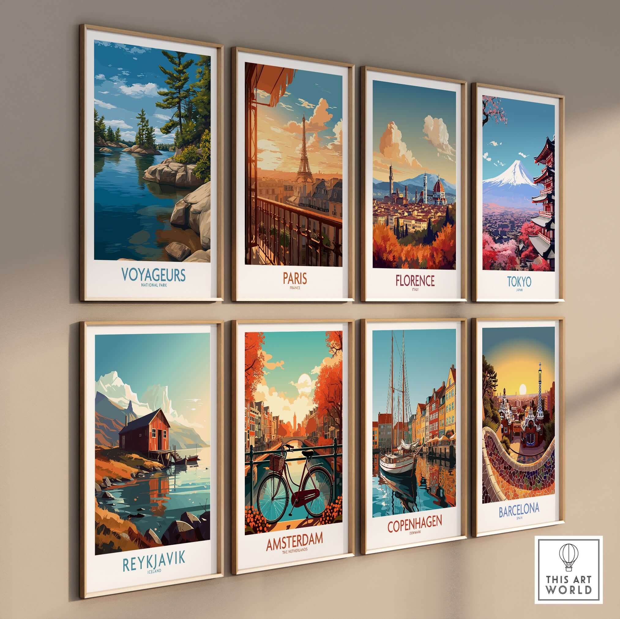Voyageurs National Park Print | Minnesota Lake Islands Poster collection displayed on a wall featuring scenic artwork from various locations.