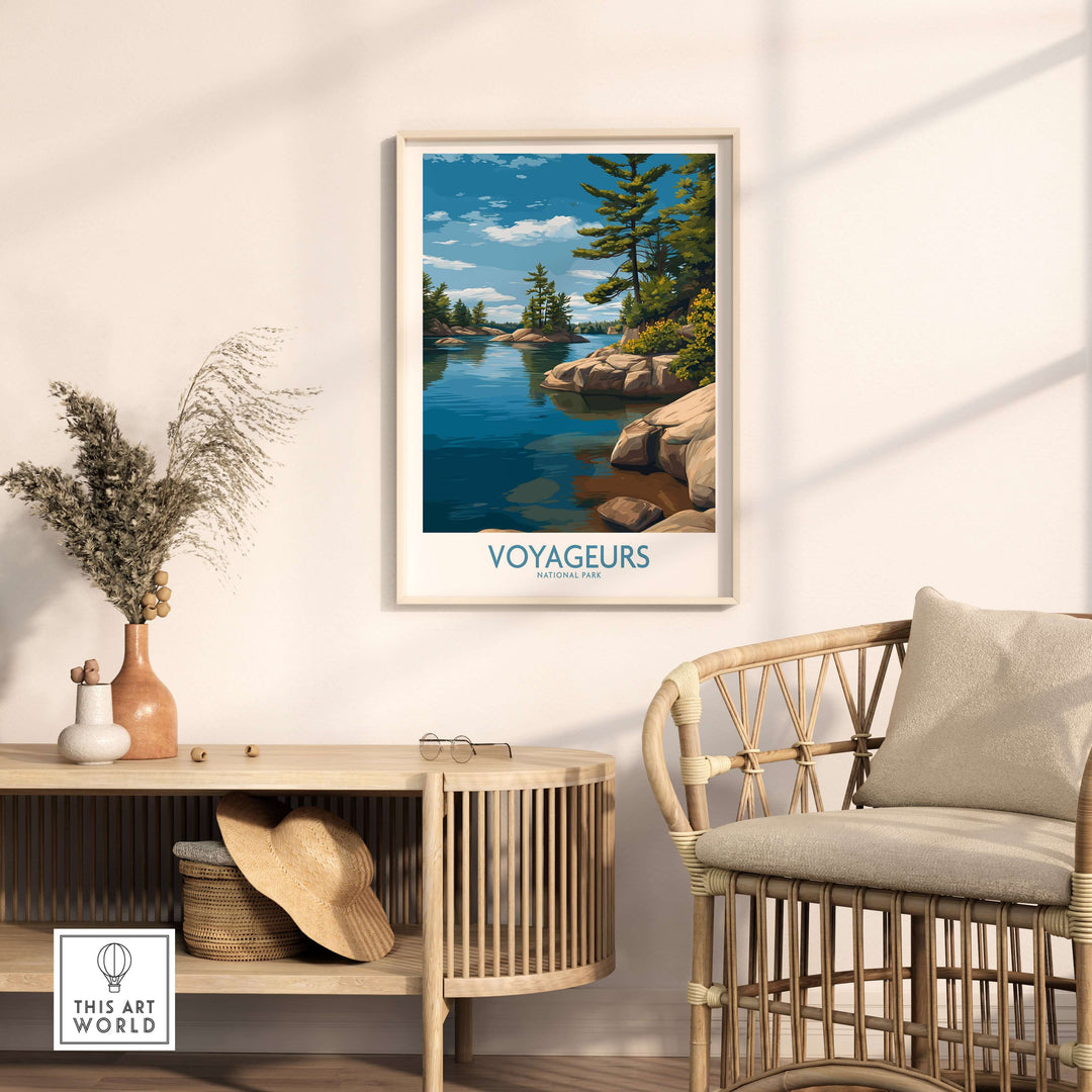 Voyageurs National Park Print | Minnesota Lake Islands Poster displayed in a modern home interior with a cozy chair.