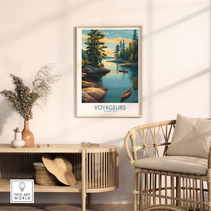 Voyageurs National Park Print | Minnesota Sunset Lake Poster framed on wall above a cozy chair in a stylish interior.