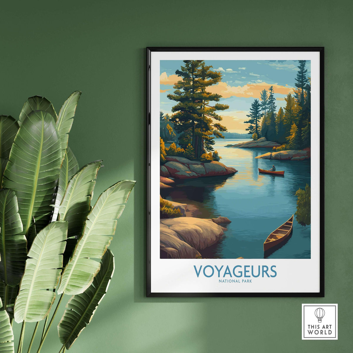 Voyageurs National Park Print | Minnesota Sunset Lake Poster depicting a serene lake with a canoe and trees.