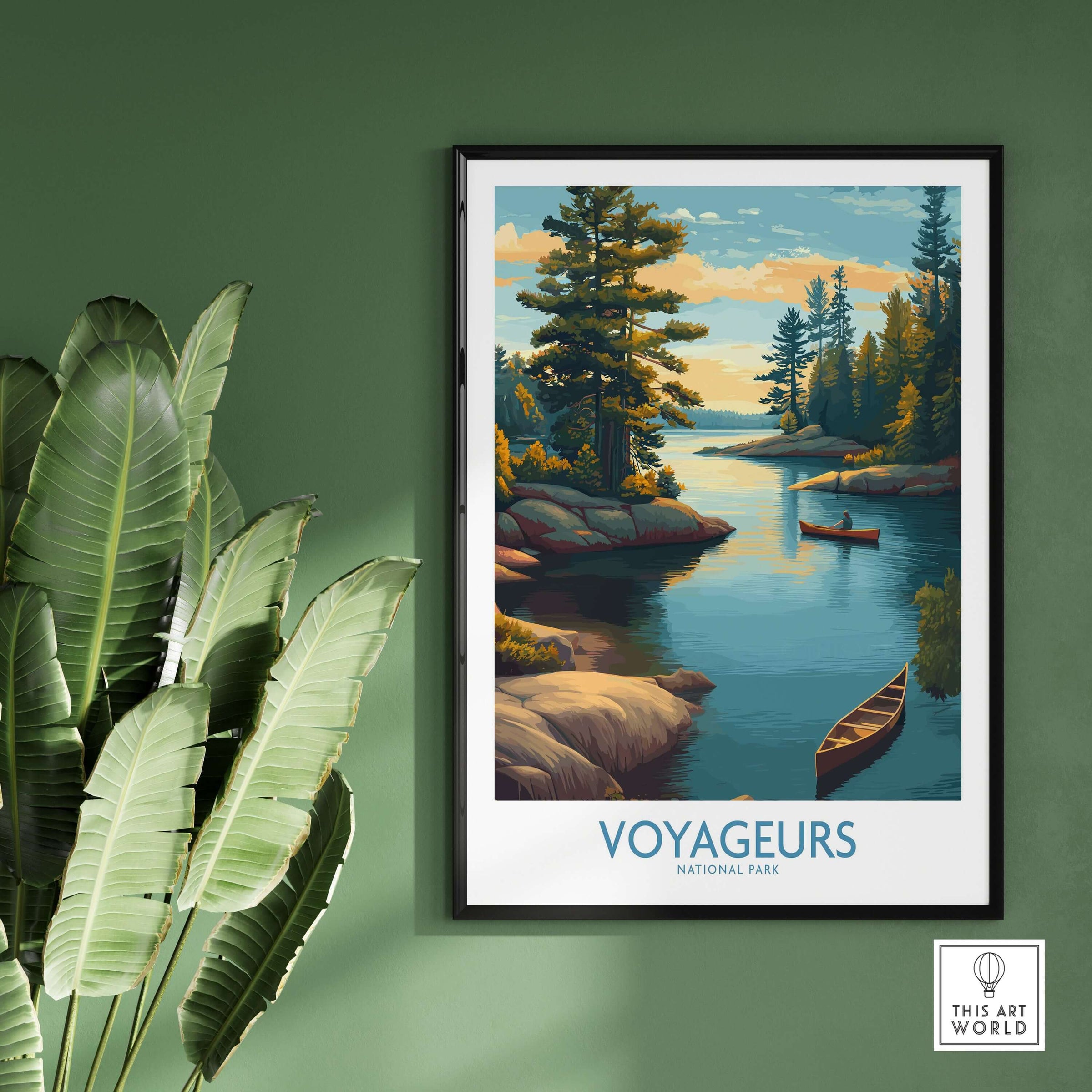 Voyageurs National Park Print | Minnesota Sunset Lake Poster depicting a serene lake with a canoe and trees.