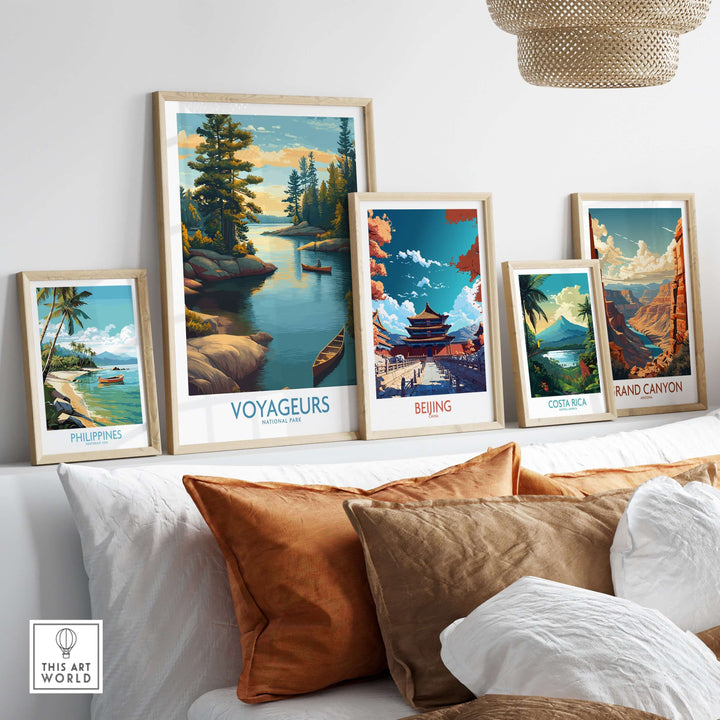 Voyageurs National Park Print | Minnesota Sunset Lake Poster displayed among other travel prints in a cozy home setting.