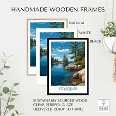 Handmade wooden frames featuring Voyageurs National Park Print | Minnesota Lake Islands Poster in natural, white, and black finishes.