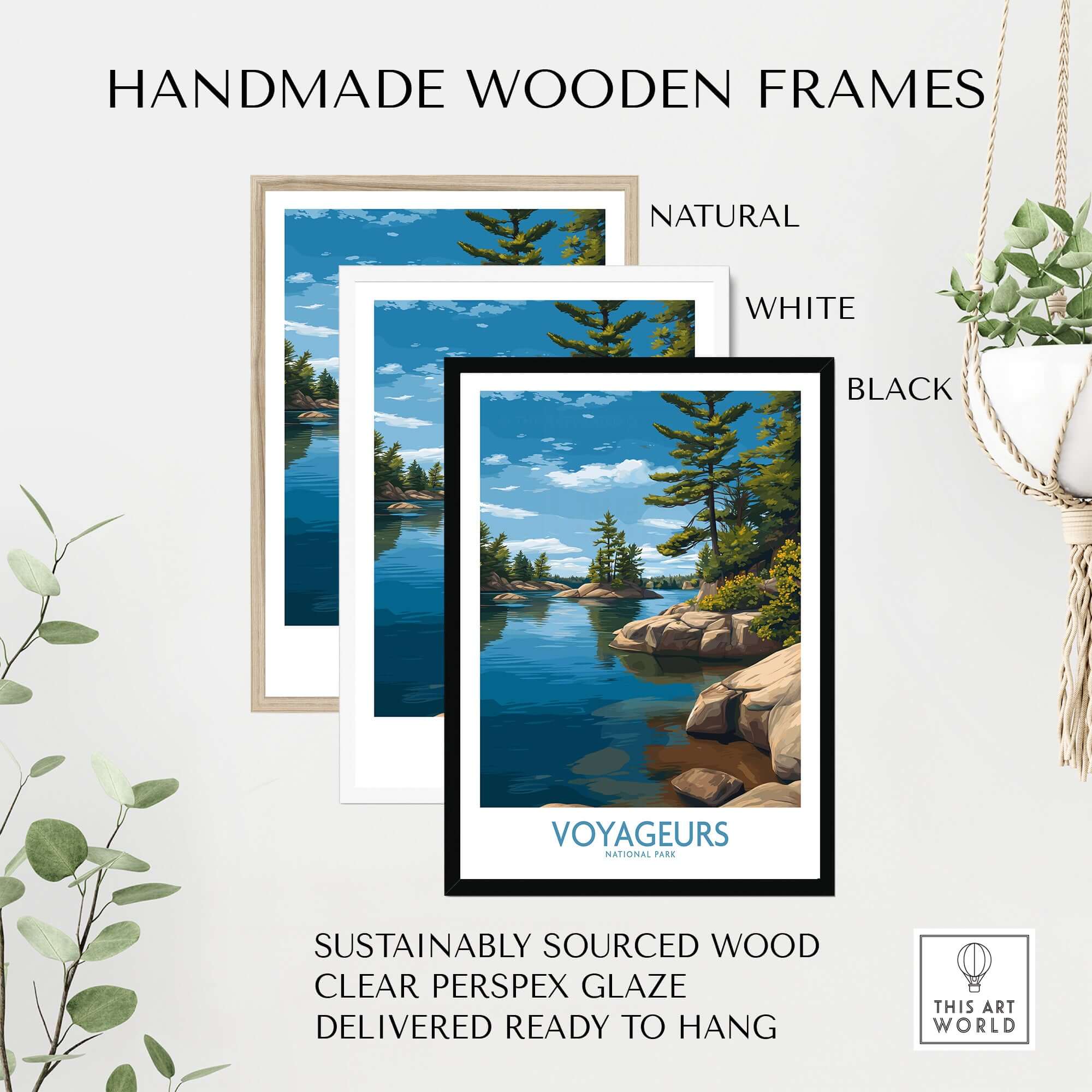 Handmade wooden frames featuring Voyageurs National Park Print | Minnesota Lake Islands Poster in natural, white, and black finishes.