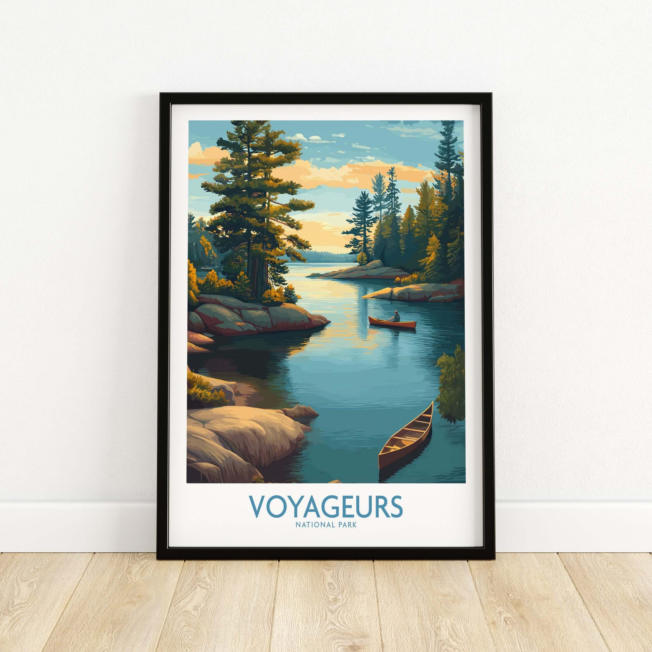 Voyageurs National Park Print | Minnesota Sunset Lake Poster featuring a scenic lake with canoe and pine trees.