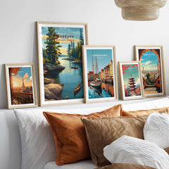 Voyageurs Print | American National Park Wall Decor displayed in decorative frames above a cozy couch.