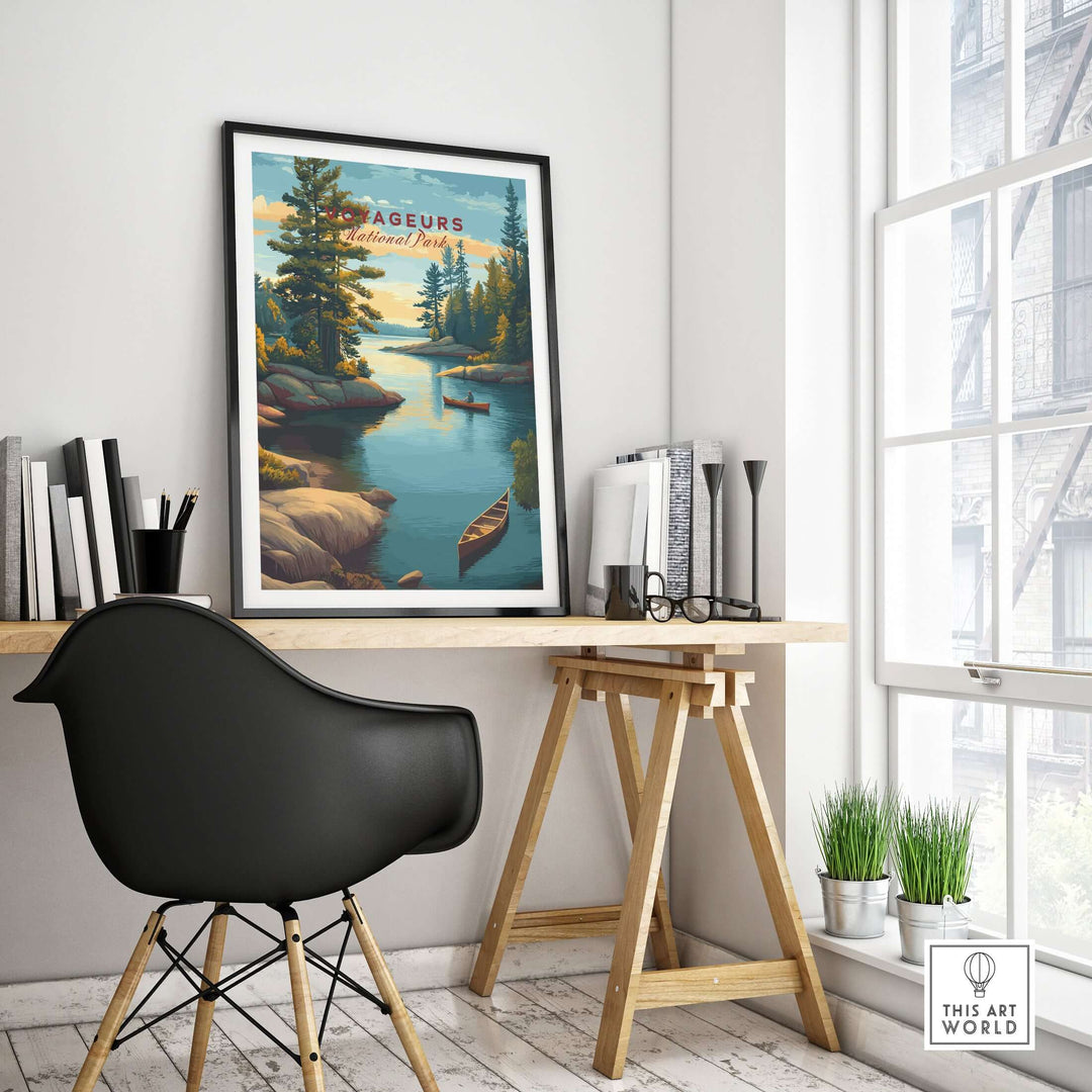 Voyageurs Print | American National Park Wall Decor in a stylish home office with a black chair and wooden desk.