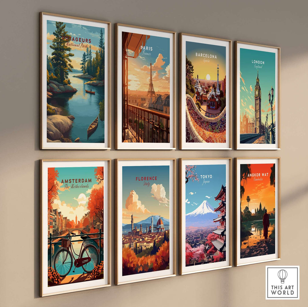Voyageurs Print | American National Park Wall Decor among framed travel poster wall art from various cities.