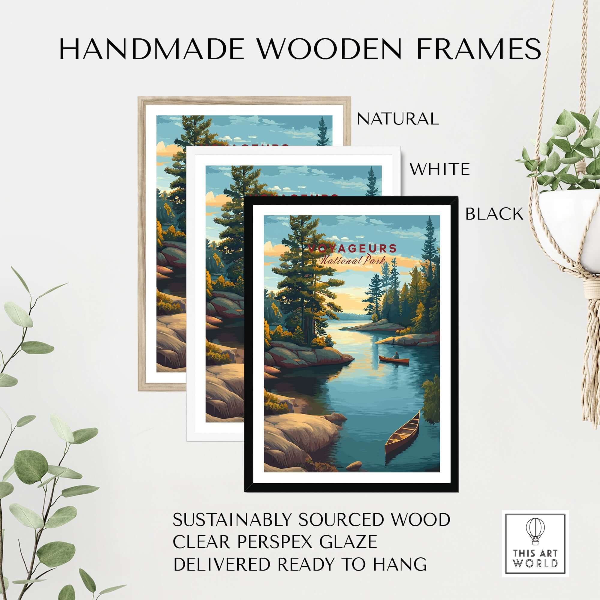 Voyageurs Print | American National Park Wall Decor in handmade wooden frames, showcasing natural, white, and black options.