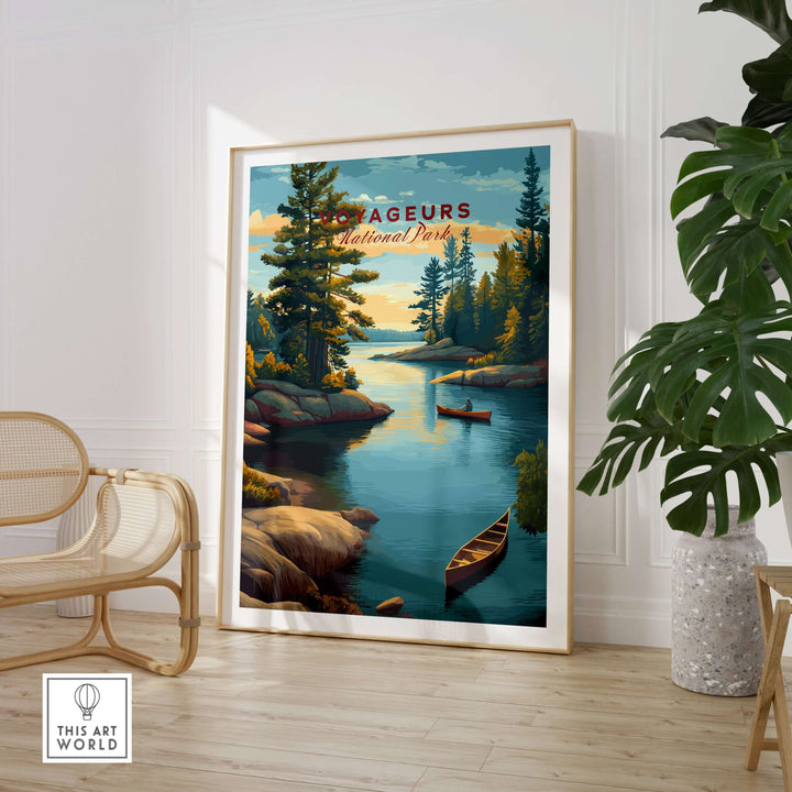 Voyageurs Print | American National Park Wall Decor showcasing a serene lake and forest landscape.