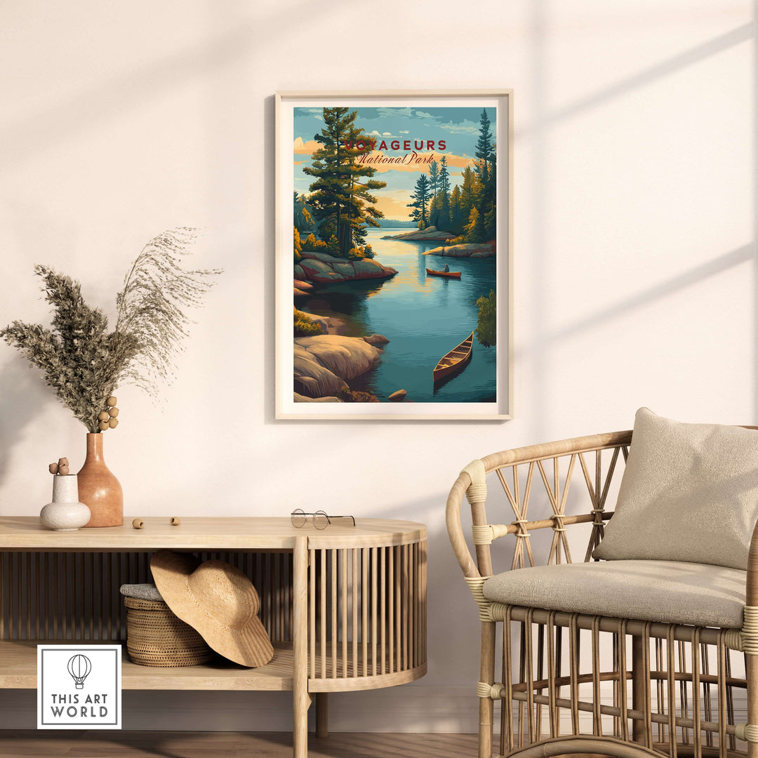 Voyageurs Print | American National Park Wall Decor featuring serene lakes and forests in a cozy home setting.