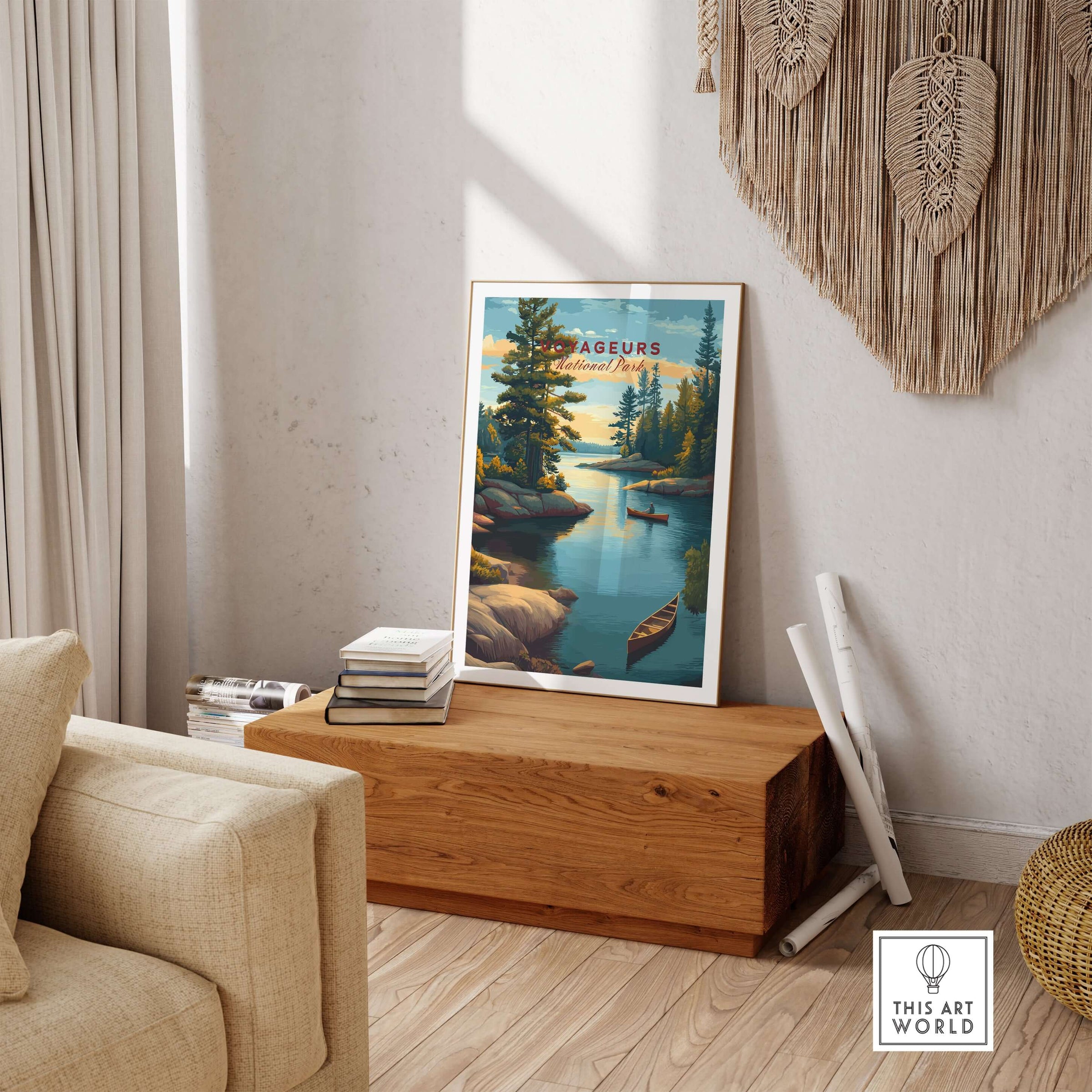 Voyageurs Print | American National Park Wall Decor featuring serene lakes and lush forests in a cozy interior setting.
