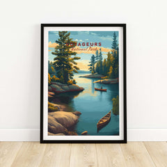 Voyageurs Print | American National Park Wall Decor, featuring serene lakes and lush forests in a beautiful frame.