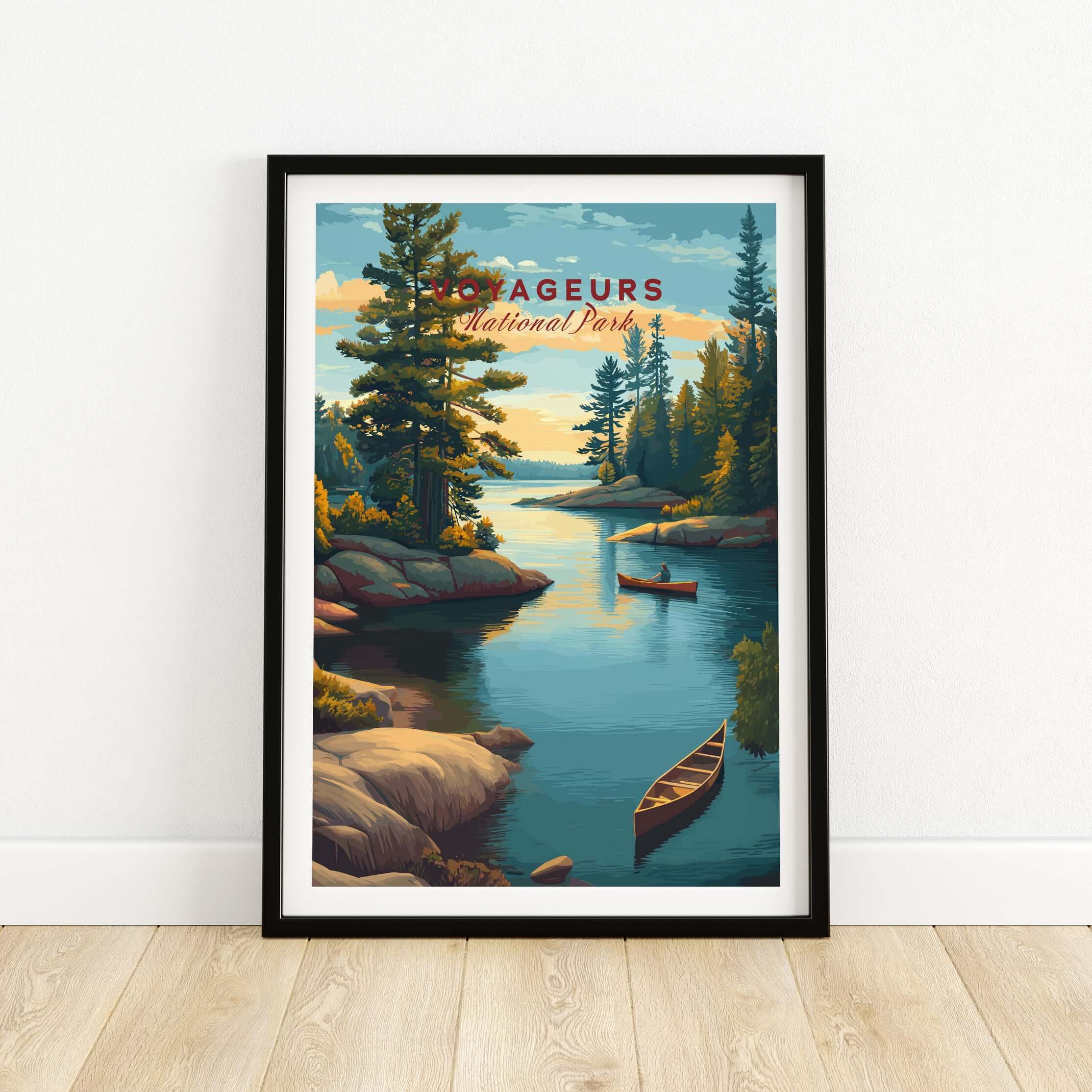 Voyageurs Print | American National Park Wall Decor, featuring serene lakes and lush forests in a beautiful frame.