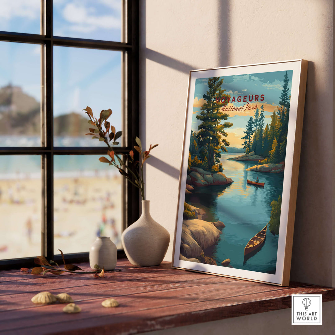 Voyageurs Print | American National Park Wall Decor featuring serene lakes and lush forests in a stylish setting.