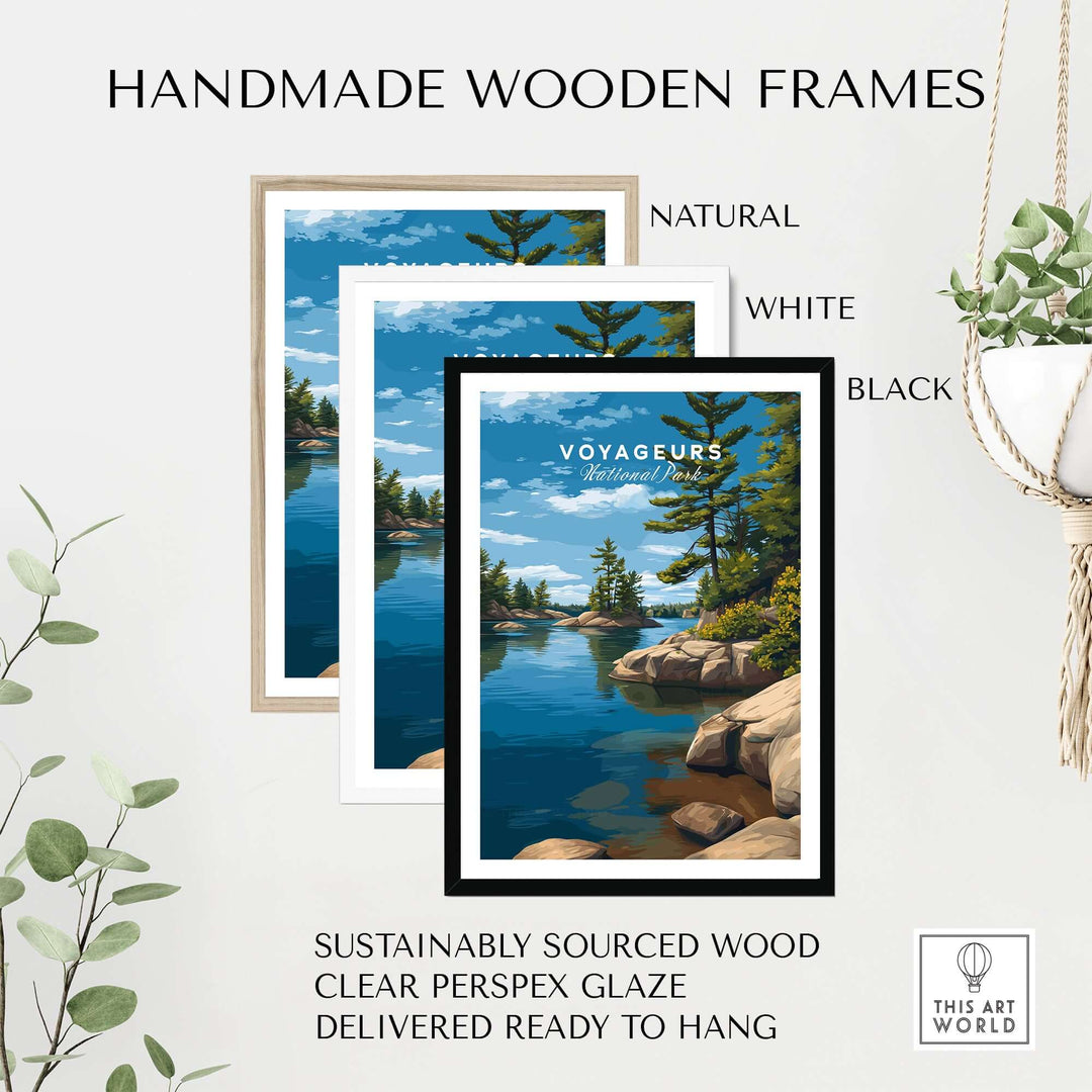 Voyageurs Poster | Nature Landscape Wall Art Print displayed in three handmade wooden frames: natural, white, and black.