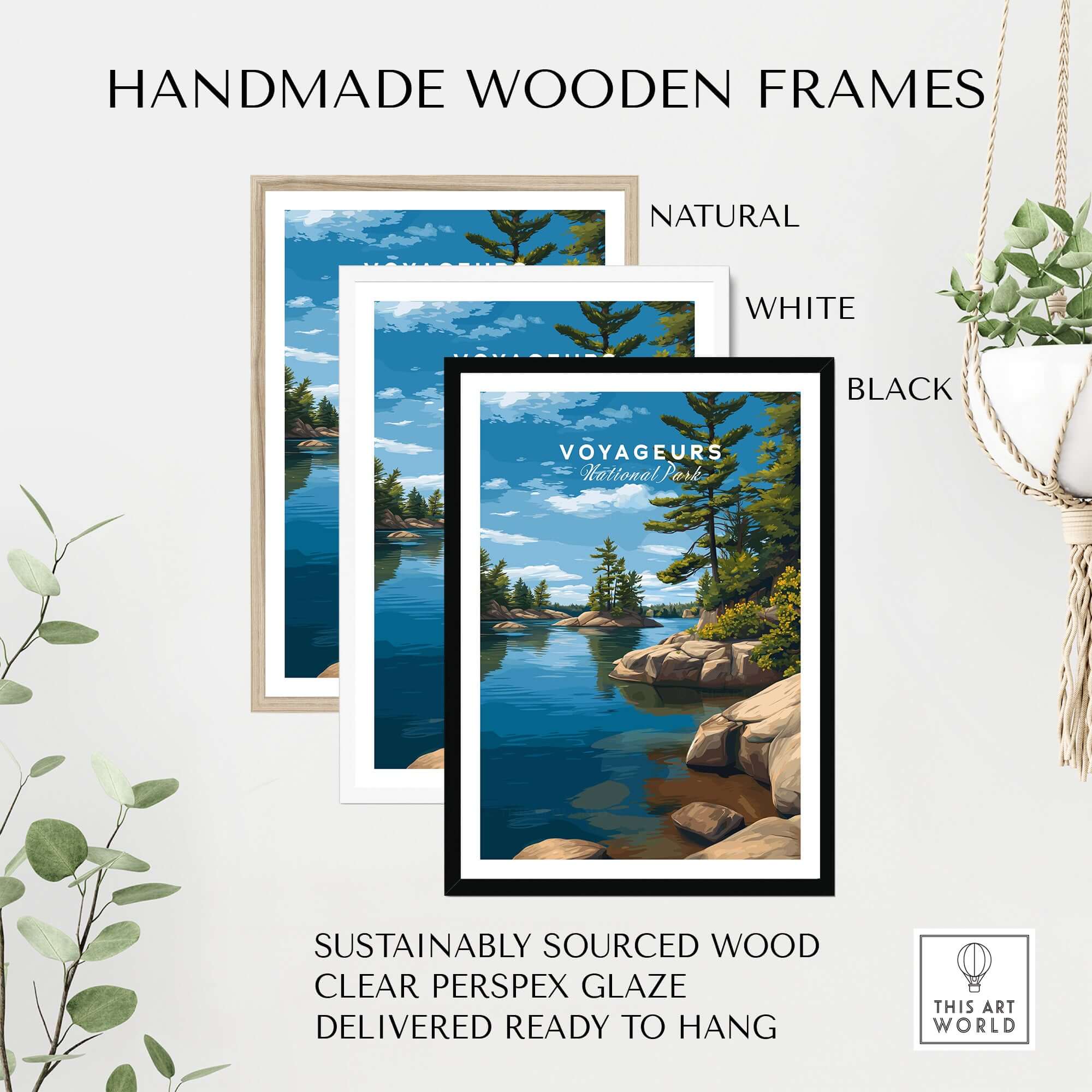 Voyageurs Poster | Nature Landscape Wall Art Print displayed in handmade wooden frames in natural, white, and black options.