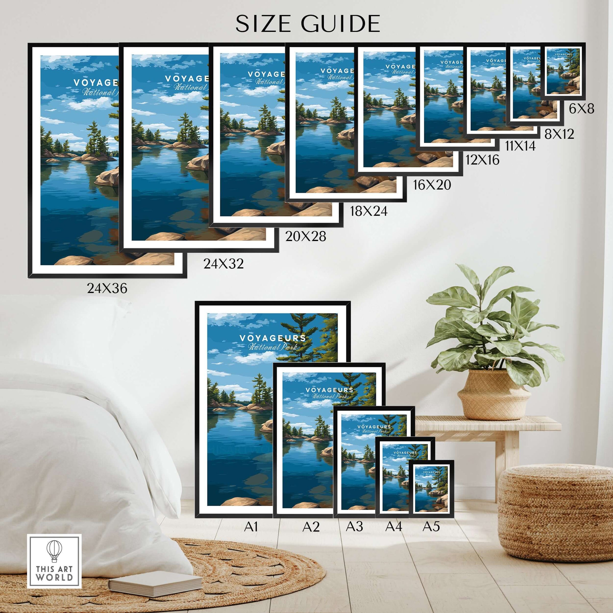 Voyageurs Poster | Nature Landscape Wall Art Print size guide showing various frame sizes for wall display.