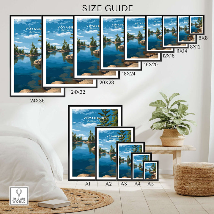 Voyageurs Poster | Nature Landscape Wall Art Print size guide showcasing various frame sizes and dimensions.