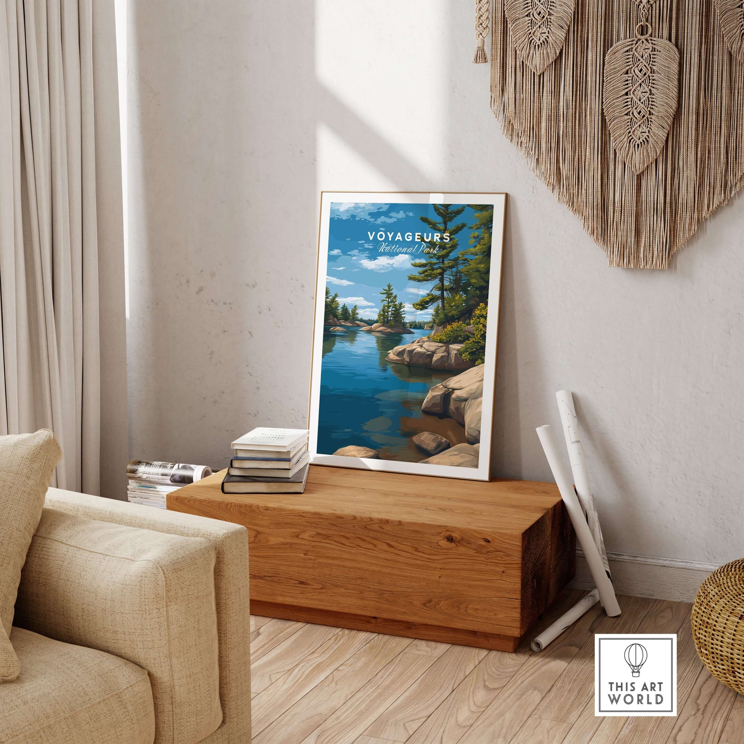 Voyageurs Poster | Nature Landscape Wall Art Print displayed in a modern living room with natural decor.
