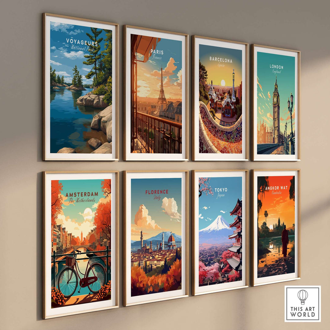 Voyageurs Poster | Nature Landscape Wall Art Print displayed on a wall with other city posters, showcasing travel-themed artwork.