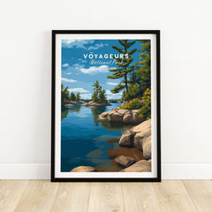 Voyageurs Poster | Nature Landscape Wall Art Print showcasing tranquil waters and lush greenery in a beautiful frame.
